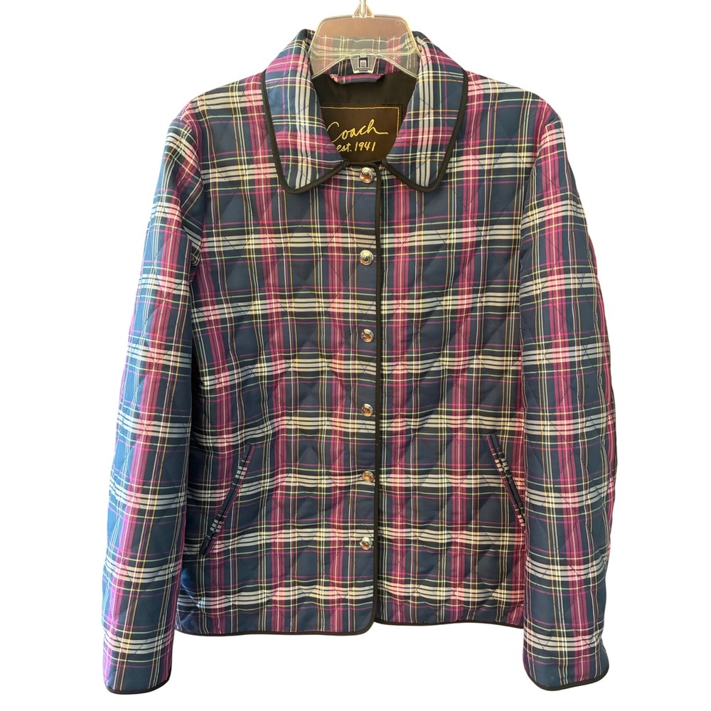 Coach Quilted Jacket Women L Blue Pink Excellent Plaid Snap Front Barn Coat